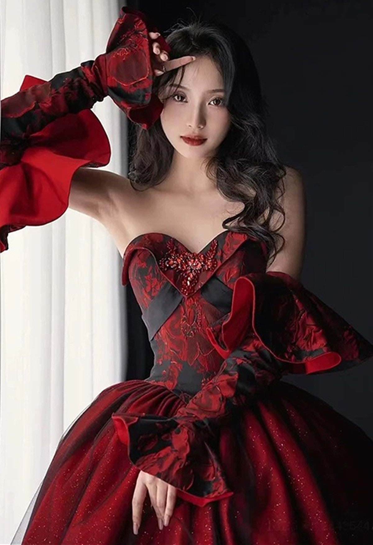 Vestido de fiesta de manga larga negro y rojo Vestido de noche 