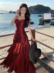 Lovely Wine Red Satin Mermaid Chic Sweetheart Prom Dress