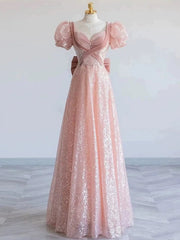 Vestido de fiesta de manga corta con lentejuelas rosas y terciopelo en forma de A 