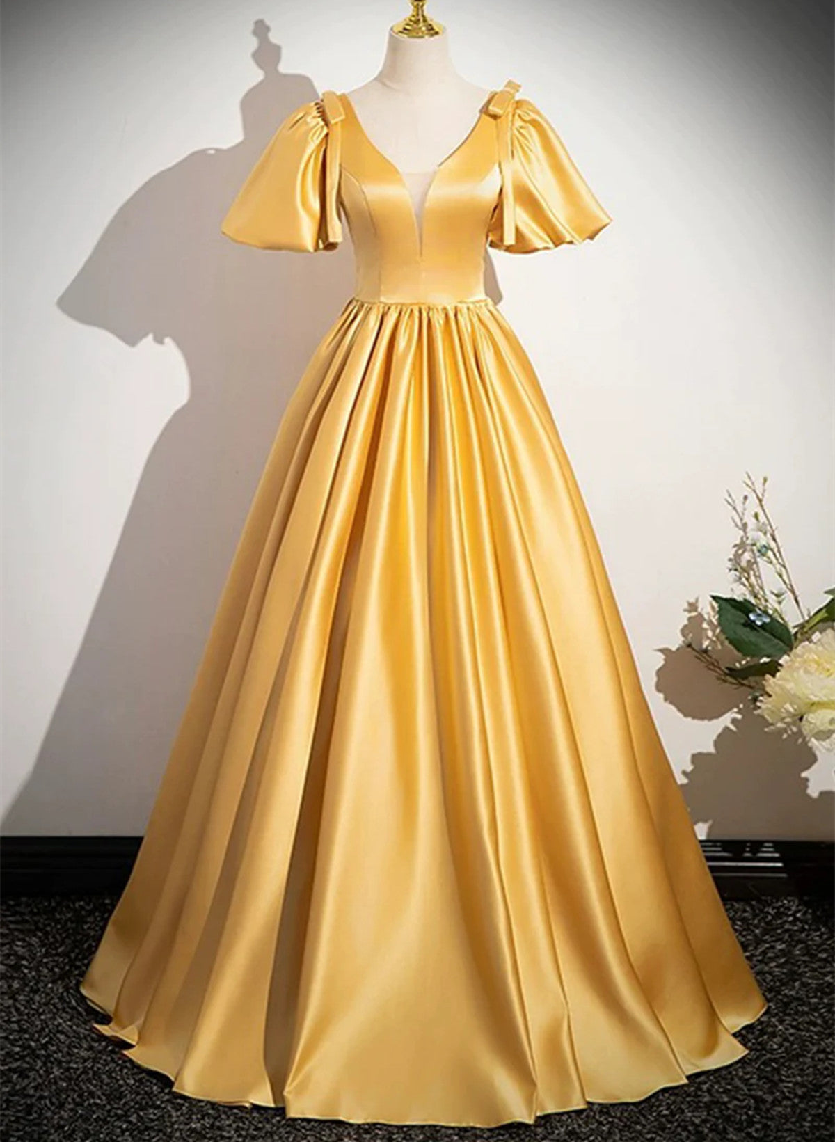 A-line Yellow Satin V-neckline Long Prom Dress