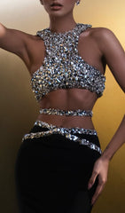 Druella Dazzling Black Rhinestone Crop Top & Maxi Skirt Set