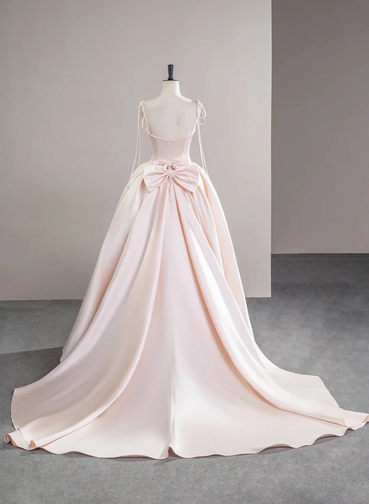 Pink Satin Straps Long Formal Dress with Bow