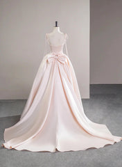 Pink Satin Straps Long Formal Dress with Bow