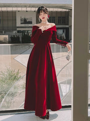 Vestido de noche de terciopelo rojo vino con mangas largas y corte A 