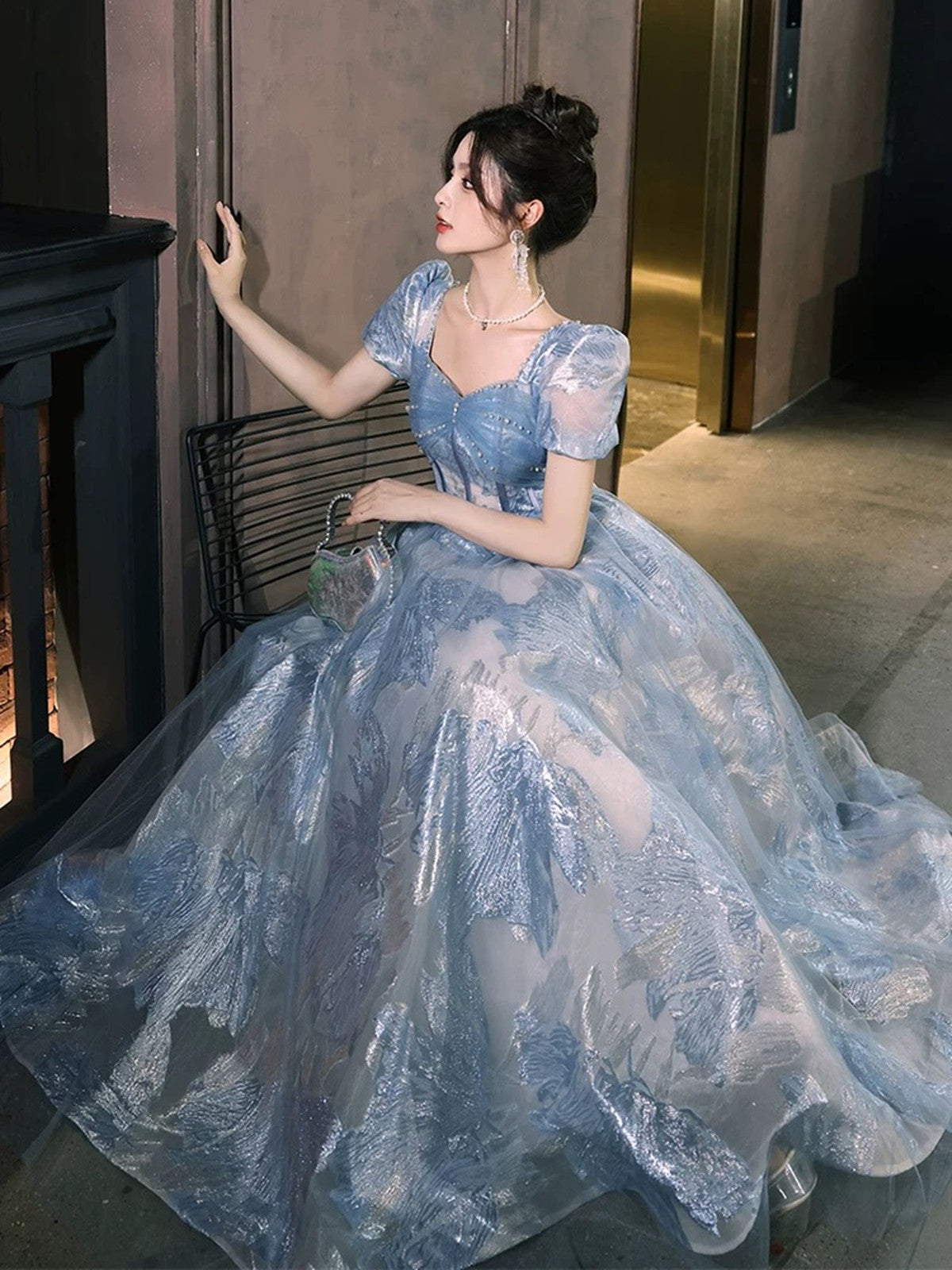 Blue A-line Short Sleeves Party Dress Prom Dress
