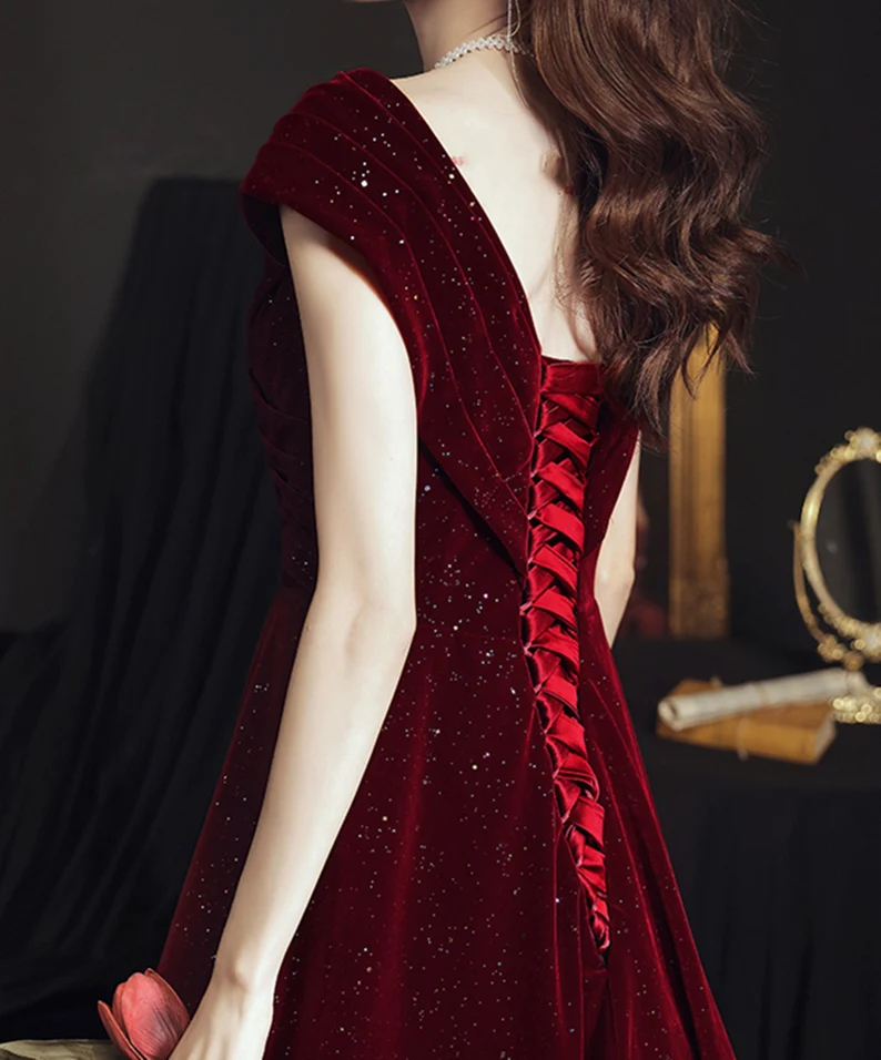 Vestido de fiesta de terciopelo rojo vino, largo hasta el suelo, corte A 