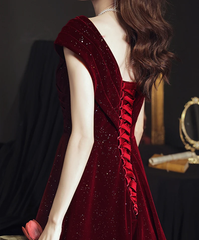 Vestido de fiesta de terciopelo rojo vino, largo hasta el suelo, corte A 