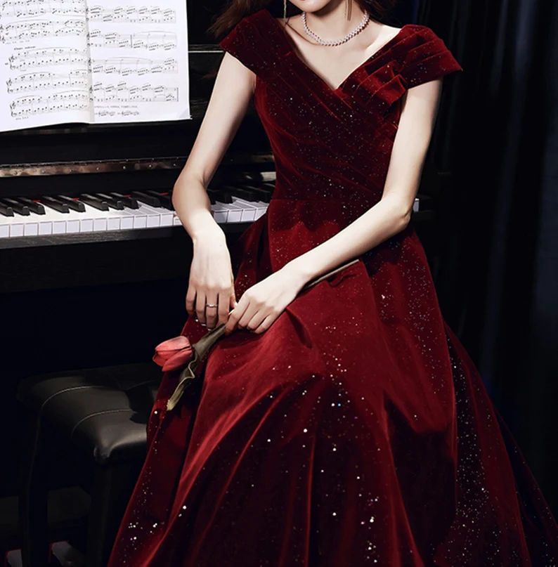 Vestido de fiesta de terciopelo rojo vino, largo hasta el suelo, corte A 