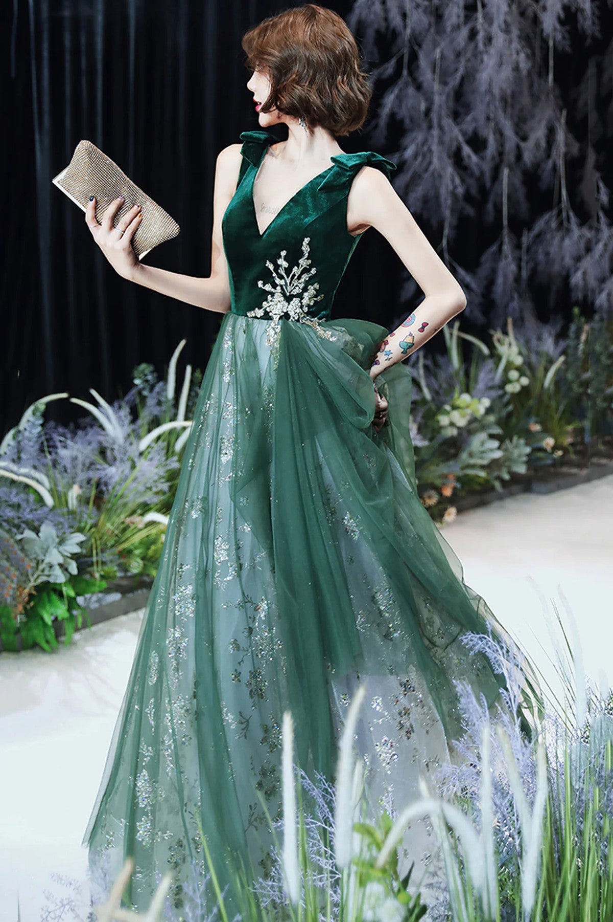 Vestido de noche largo de tul verde de corte A para fiesta 