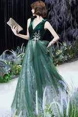 Vestido de noche largo de tul verde de corte A para fiesta 