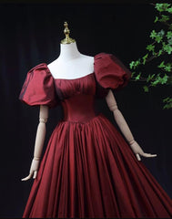 Vestido de fiesta largo de tafetán rojo vino con mangas cortas 