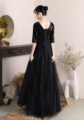 Black A-line Sequins and Tulle Long Formal Dress