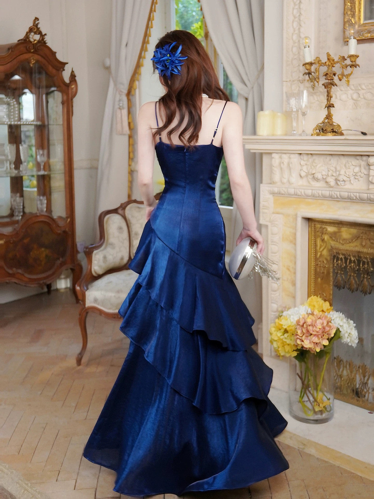 Vestido de noche azul marino con tirantes de sirena y fiesta 
