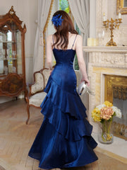 Vestido de noche azul marino con tirantes de sirena y fiesta 