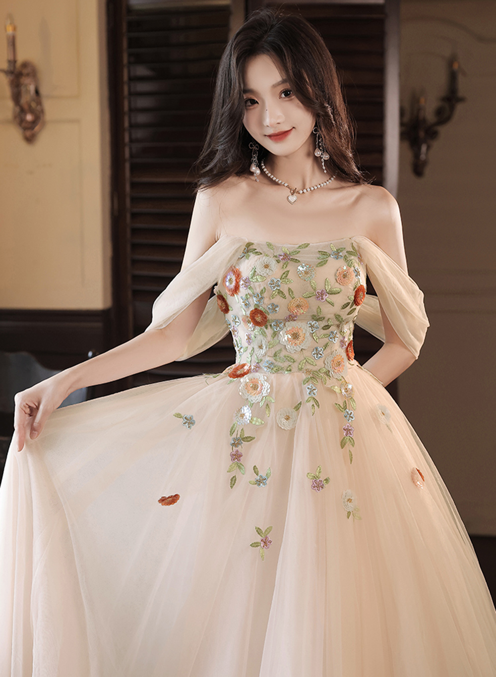 Light Champagne A-line Off Shoulder Party Dress