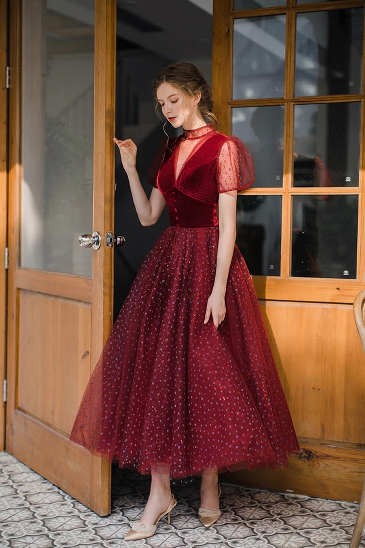 Wine Red Velvet and Tulle Tea Length Party Dress