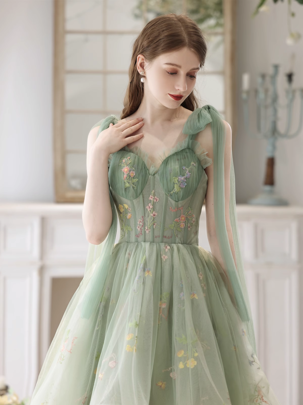 Light Green High Low Floral Tulle Formal Dress