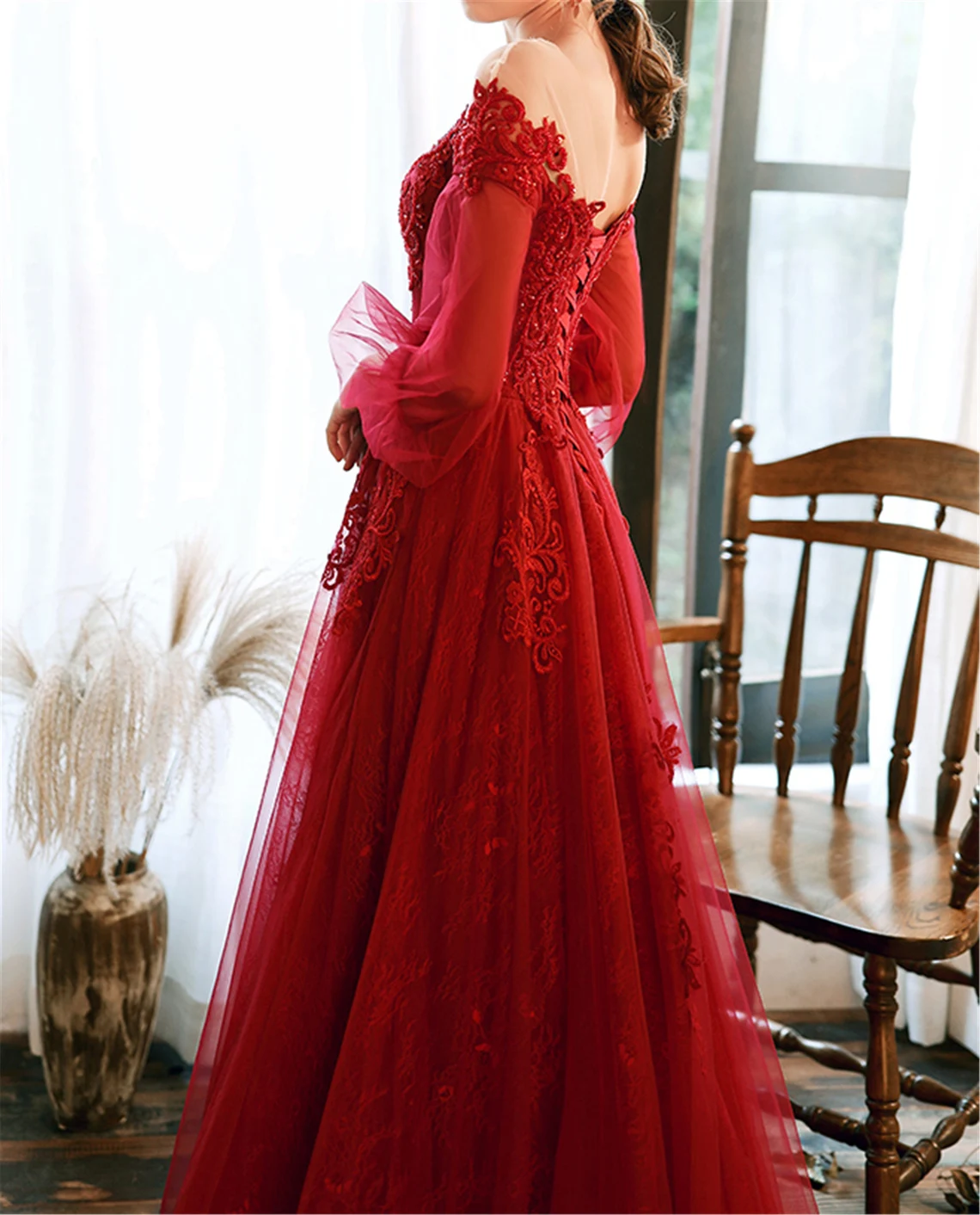 Vestido de fiesta rojo vino Vestido de noche de encaje Vestido de fiesta 