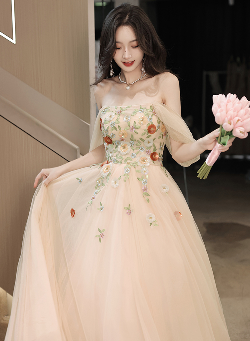 Light Champagne A-line Off Shoulder Party Dress