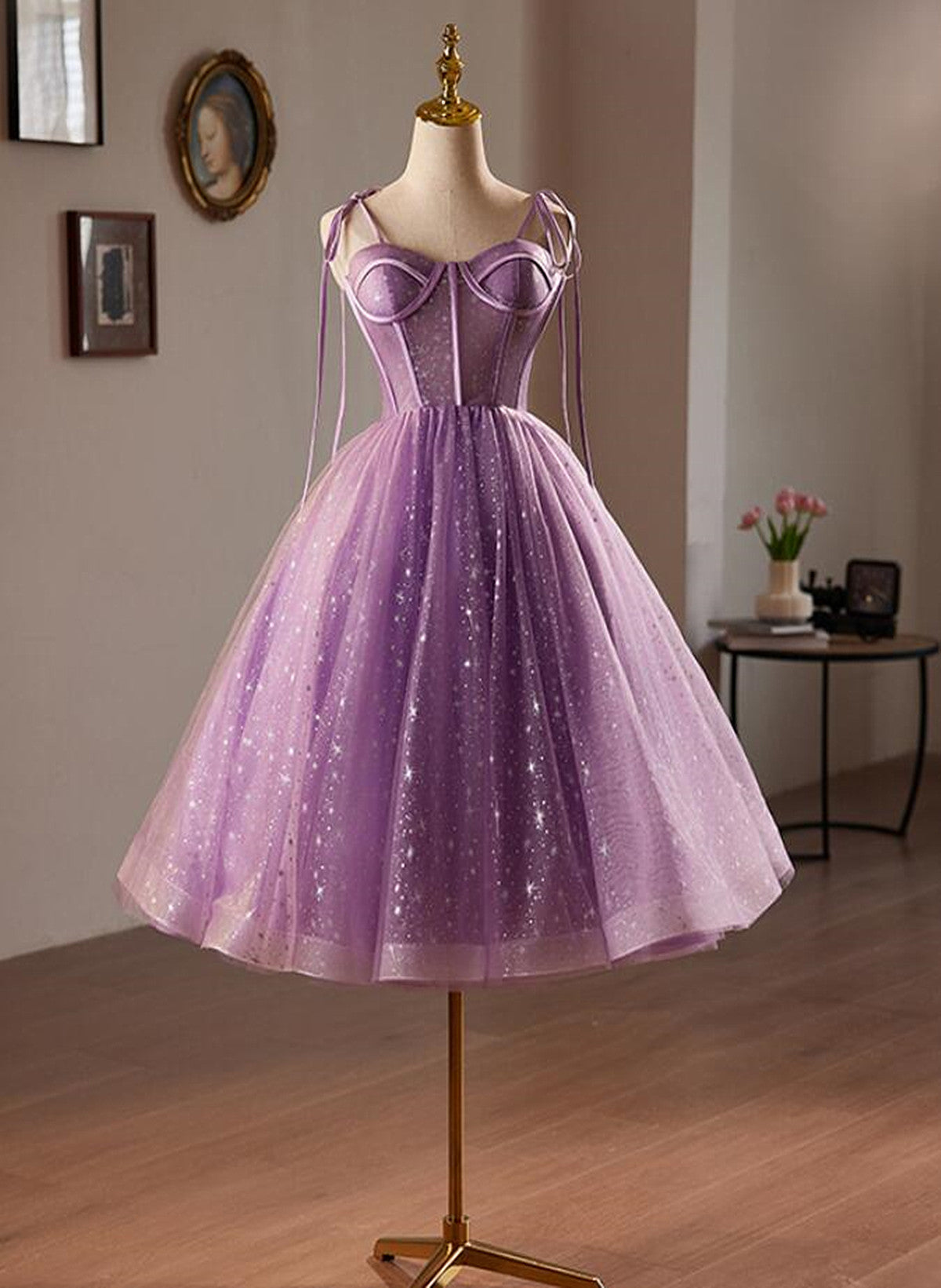 Vestido de fiesta corto de tul con escote en forma de corazón morado 