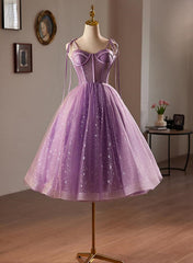 Vestido de fiesta corto de tul con escote en forma de corazón morado 