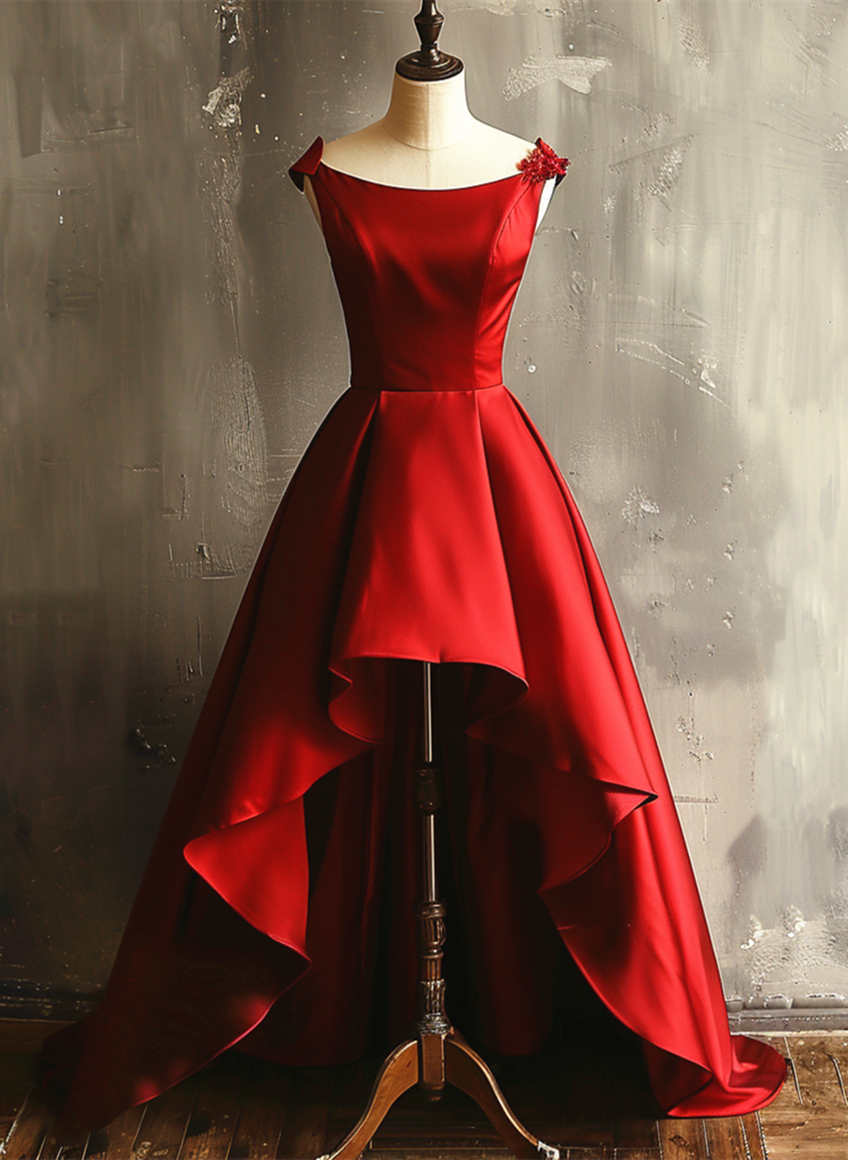 Cute Satin Wine Red High Low Round Neckline Party Dress