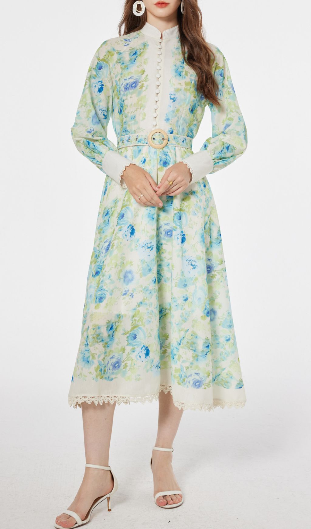 Chic Green & Blue Floral Long Sleeve Midi Dress
