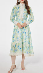 Chic Green & Blue Floral Long Sleeve Midi Dress