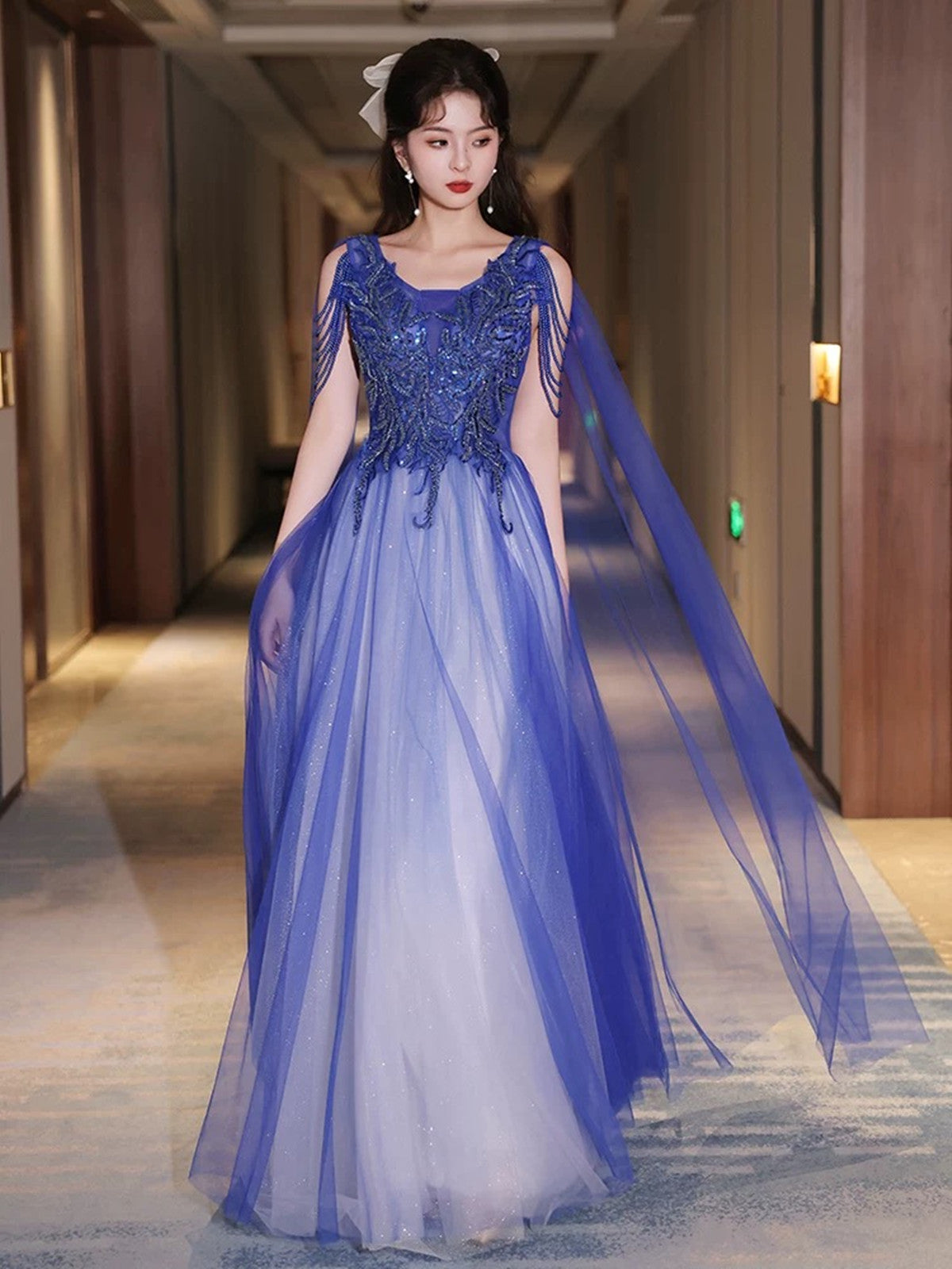 Blue and White V-neckline Floor Length Tulle Party Dress