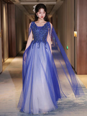 Blue and White V-neckline Floor Length Tulle Party Dress