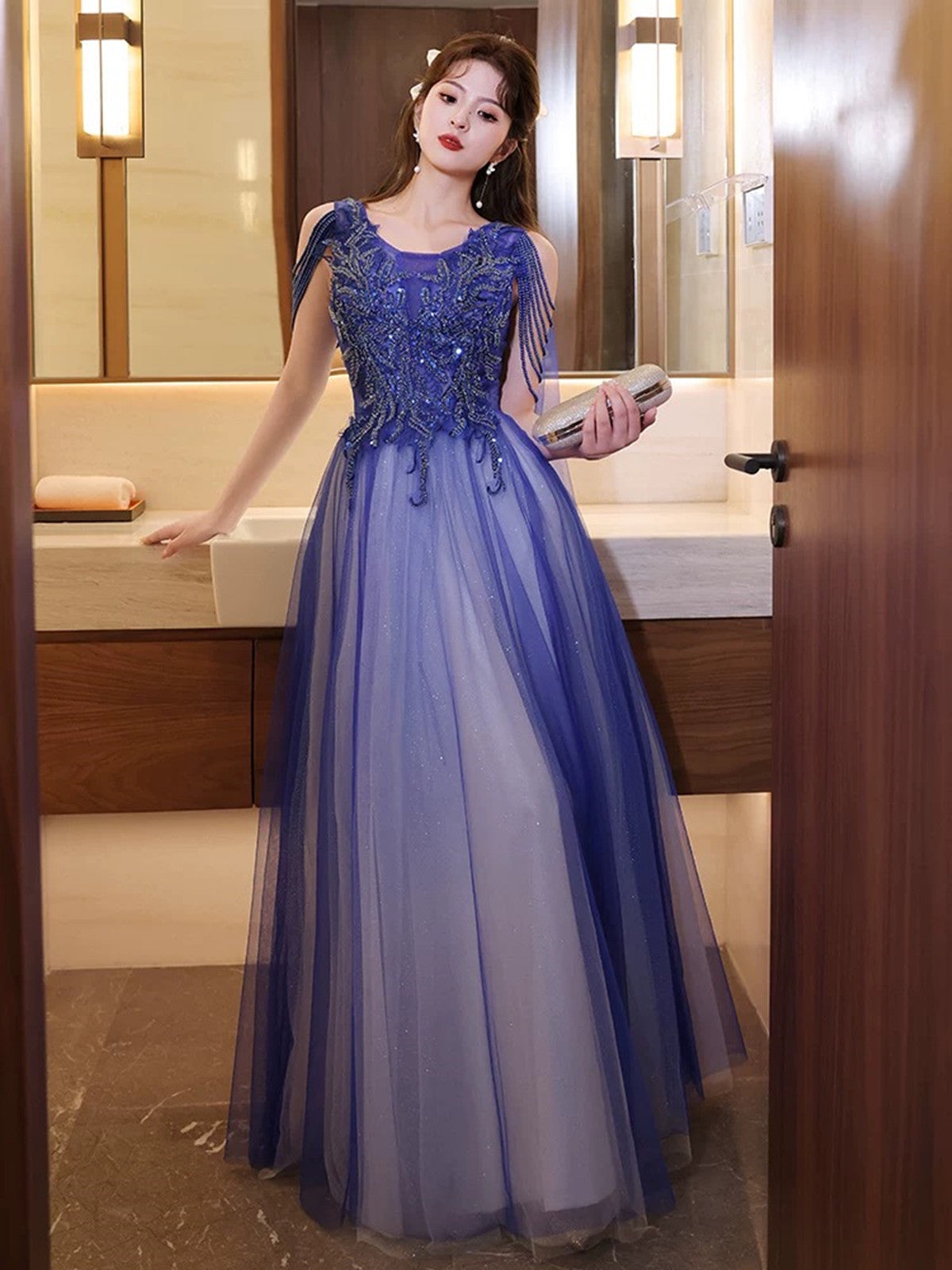 Blue and White V-neckline Floor Length Tulle Party Dress
