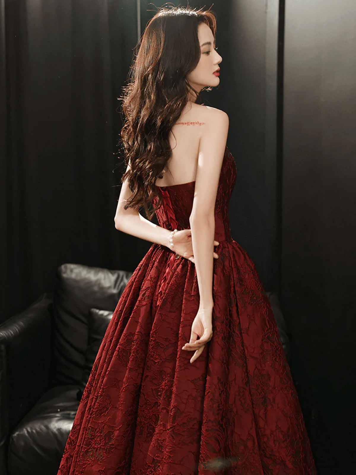 Wine Red Floral Satin Long Party Dress