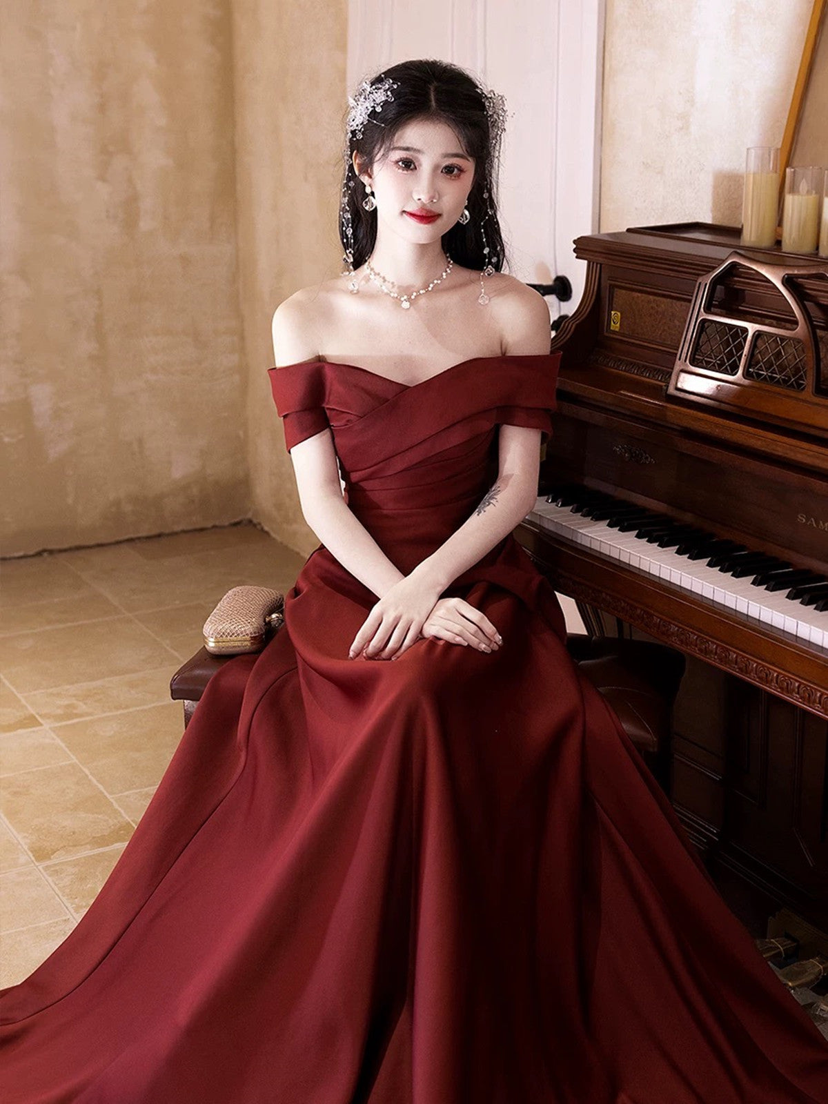 Wine Red A-line Satin Off Shoulder Party Dress