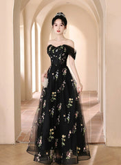 Black Floral Off Shoulder Tulle Long Prom Dress