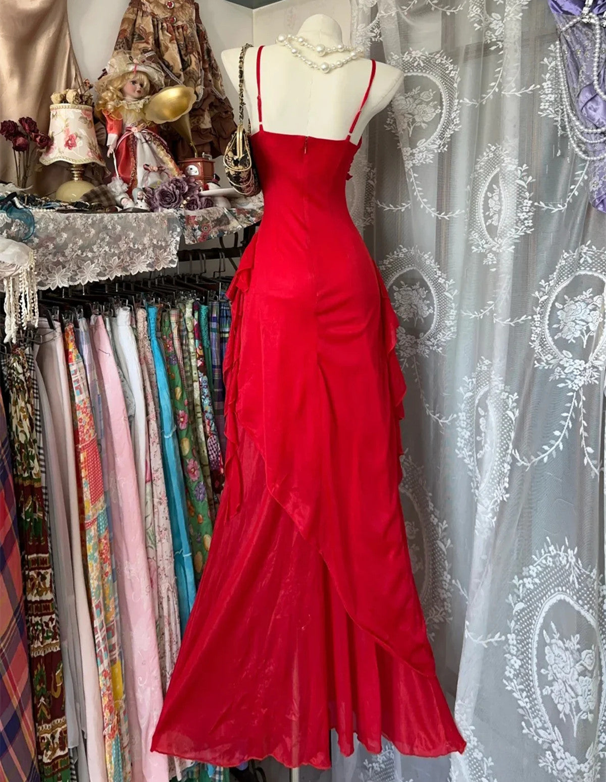 Vestido de noche largo con tirantes de gasa roja y vestido de fiesta 