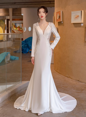 Vestido de fiesta de boda de sirena de satén blanco con mangas largas y encaje 