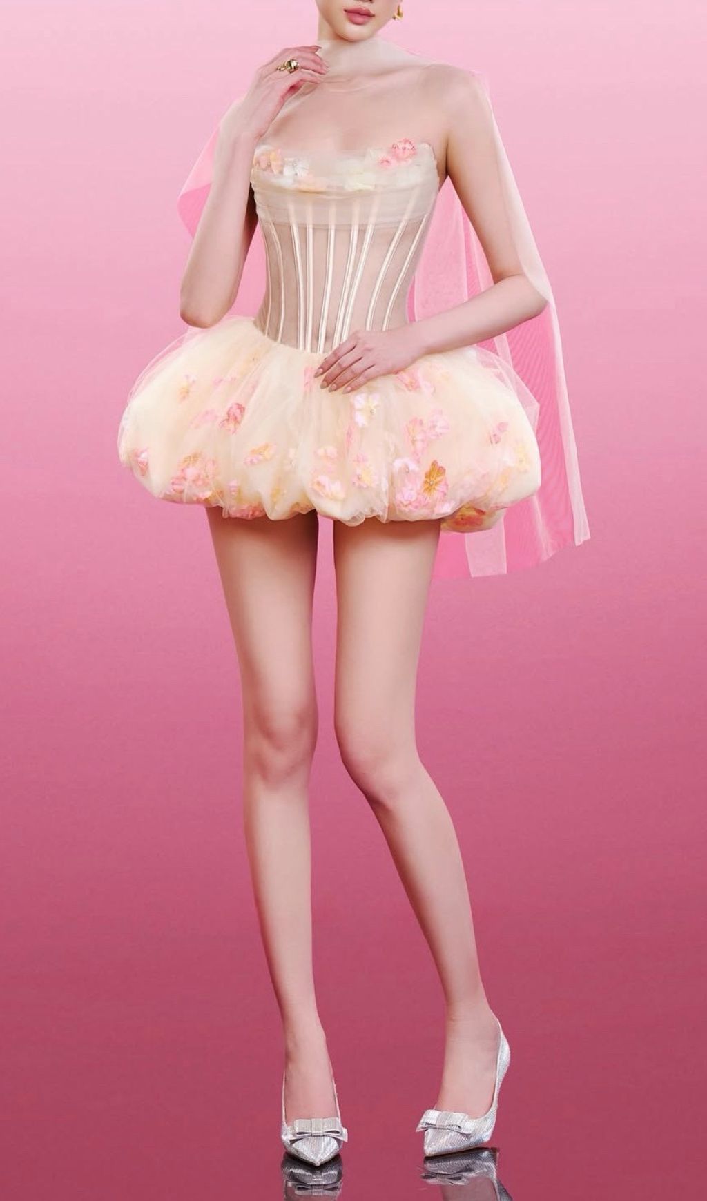 Jess Enchanting Strapless Corset Floral Tulle Mini Dress