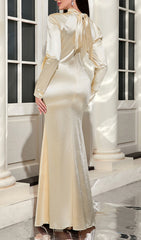Berkley Elegant Champagne Satin Ruffle Cold Shoulder Maxi Dress
