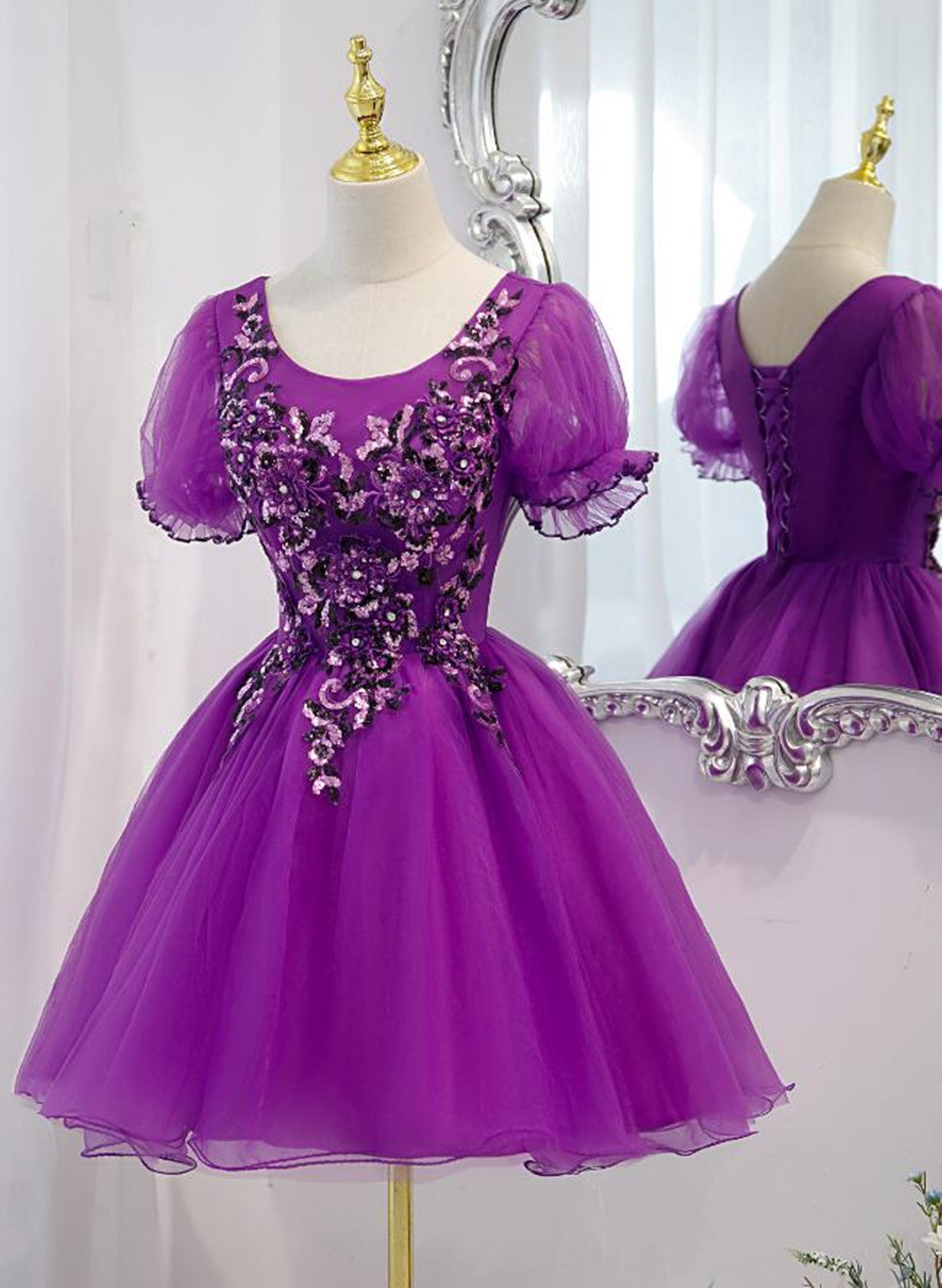 Vestido de fiesta de tul morado con mangas cortas y encaje 