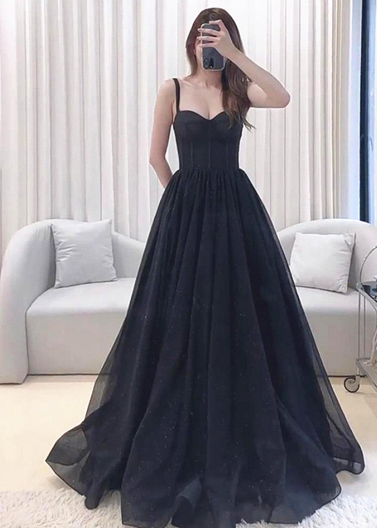 A-line Black Tulle Sweetheart Straps Long Party Dress