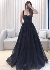 A-line Black Tulle Sweetheart Straps Long Party Dress