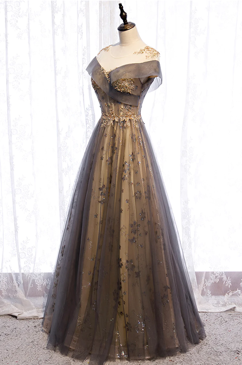 Grey A-line Tulle and Lace Long Prom Dress