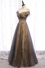 Grey A-line Tulle and Lace Long Prom Dress