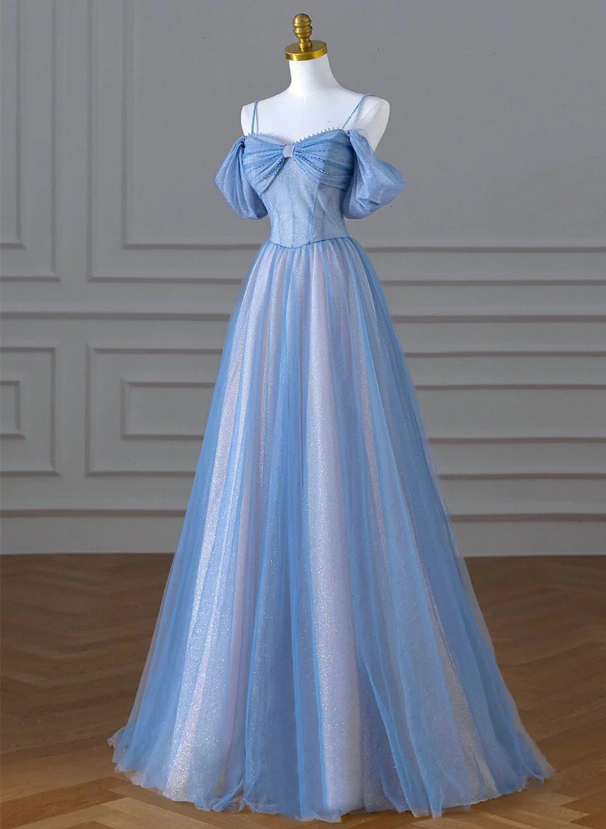 A-line Blue and Pink Beaded Tulle Long Party Dress