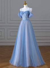 A-line Blue and Pink Beaded Tulle Long Party Dress