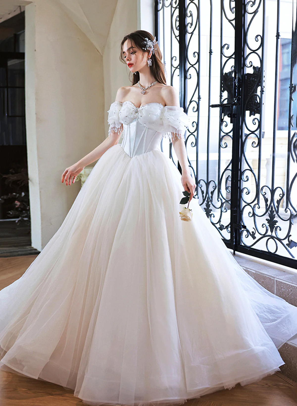 White Off Shoulder Sweetheart Beaded Long Party Dress