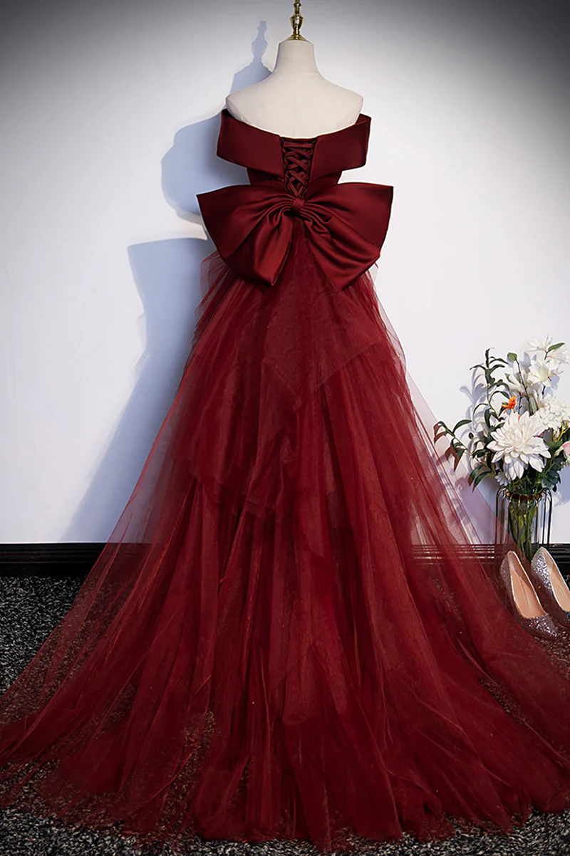 Vestido de fiesta largo de sirena color rojo vino 
