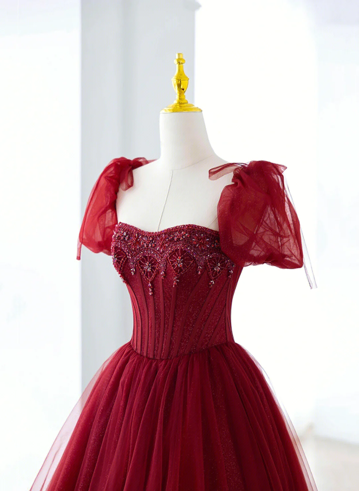 Wine Red Tulle Beaded Long Prom Dress