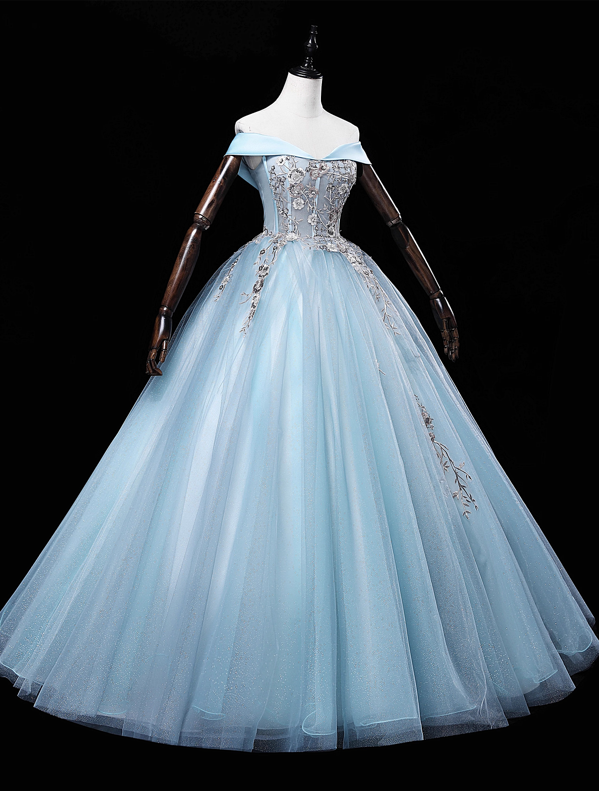 Light Blue Off Shoulder Flowers Tulle Long Party Dress