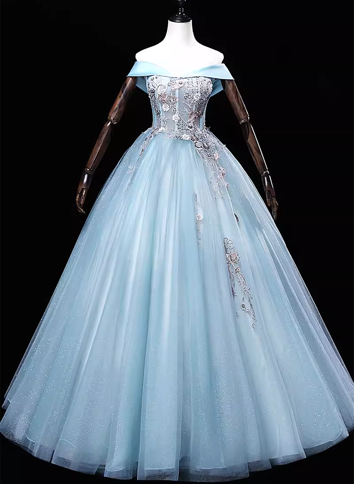 Light Blue Off Shoulder Flowers Tulle Long Party Dress